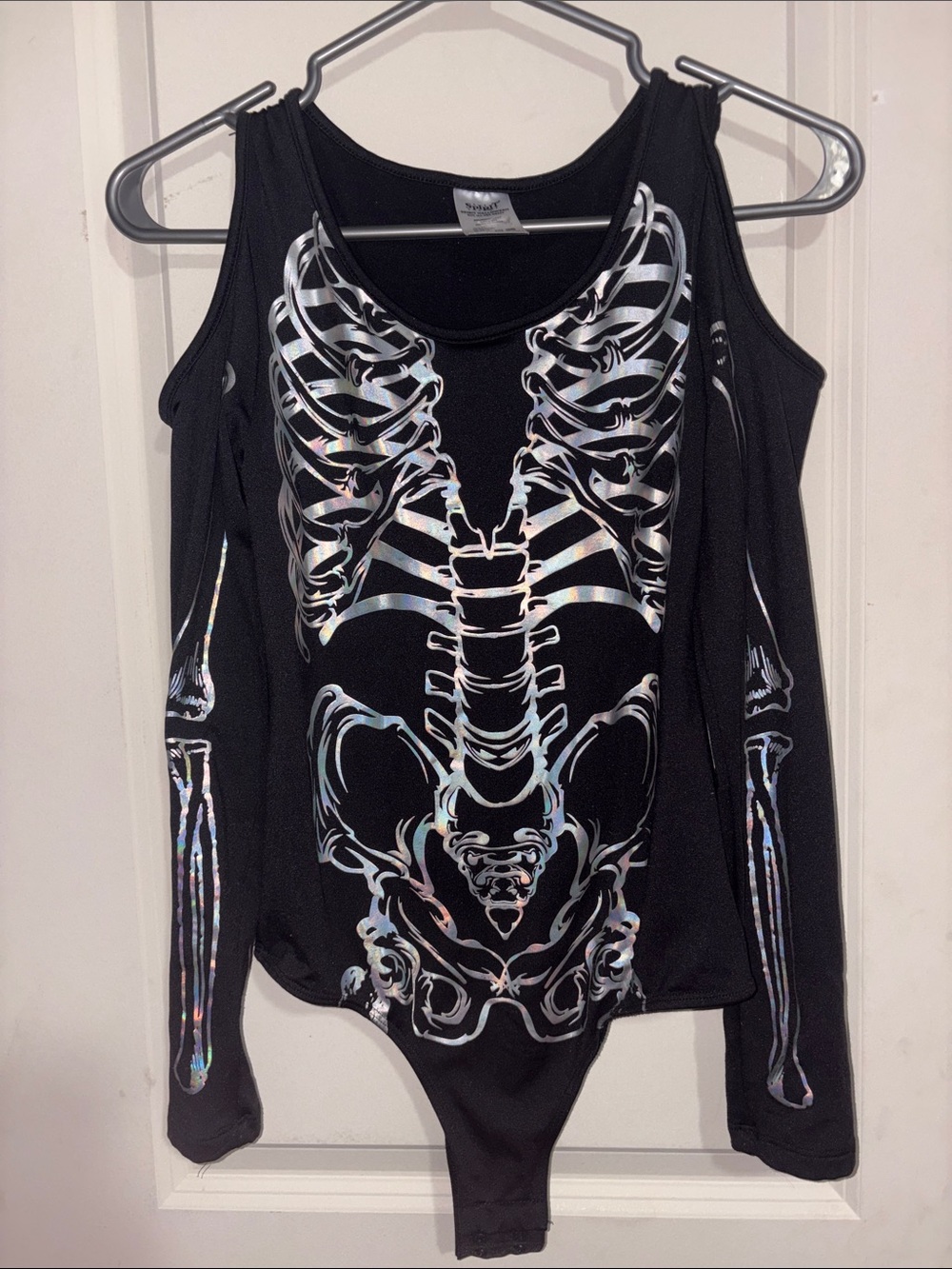 Spirit Halloween Black Holographic Skeleton Cold-Shoulder Bodysuit